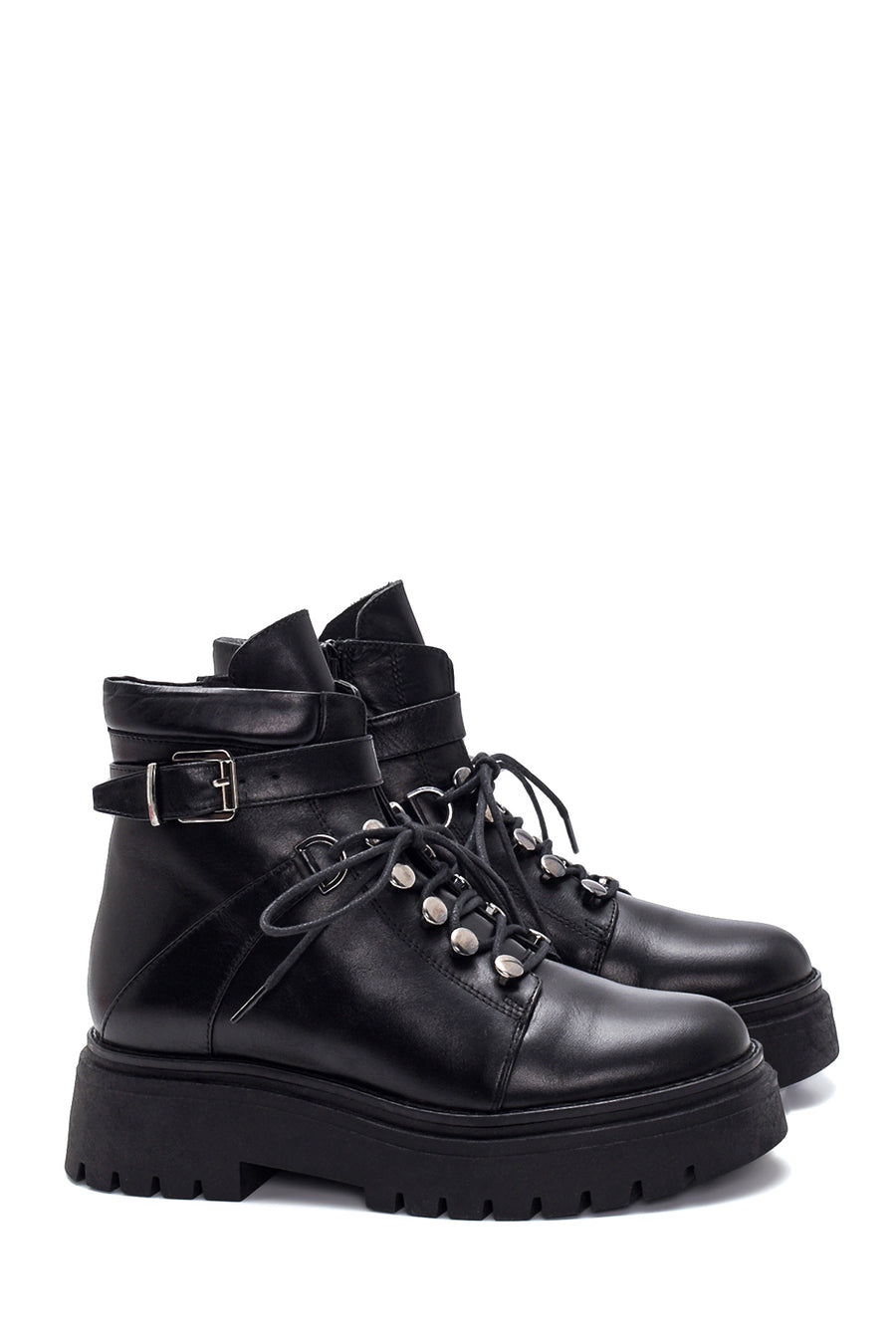 Women's Black Leather Buckle Thick Soled Boots