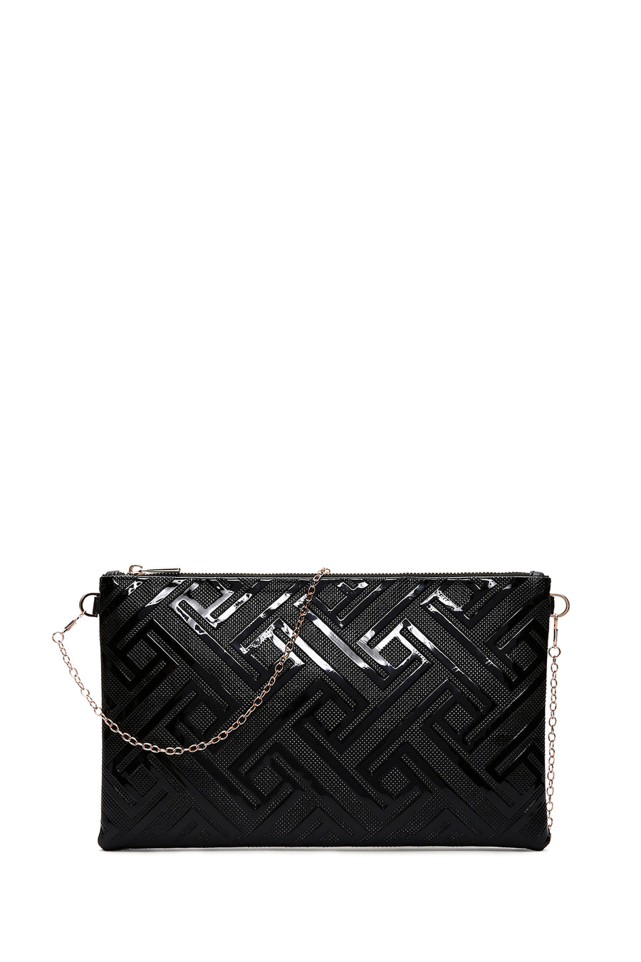 Women's Black Chain Strap Patterned Patent Leather Clutch Bag