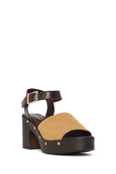 Woman Beige Ankle-Strap Buckled Thick-Heeled Suede Leather Sandals | Derimod