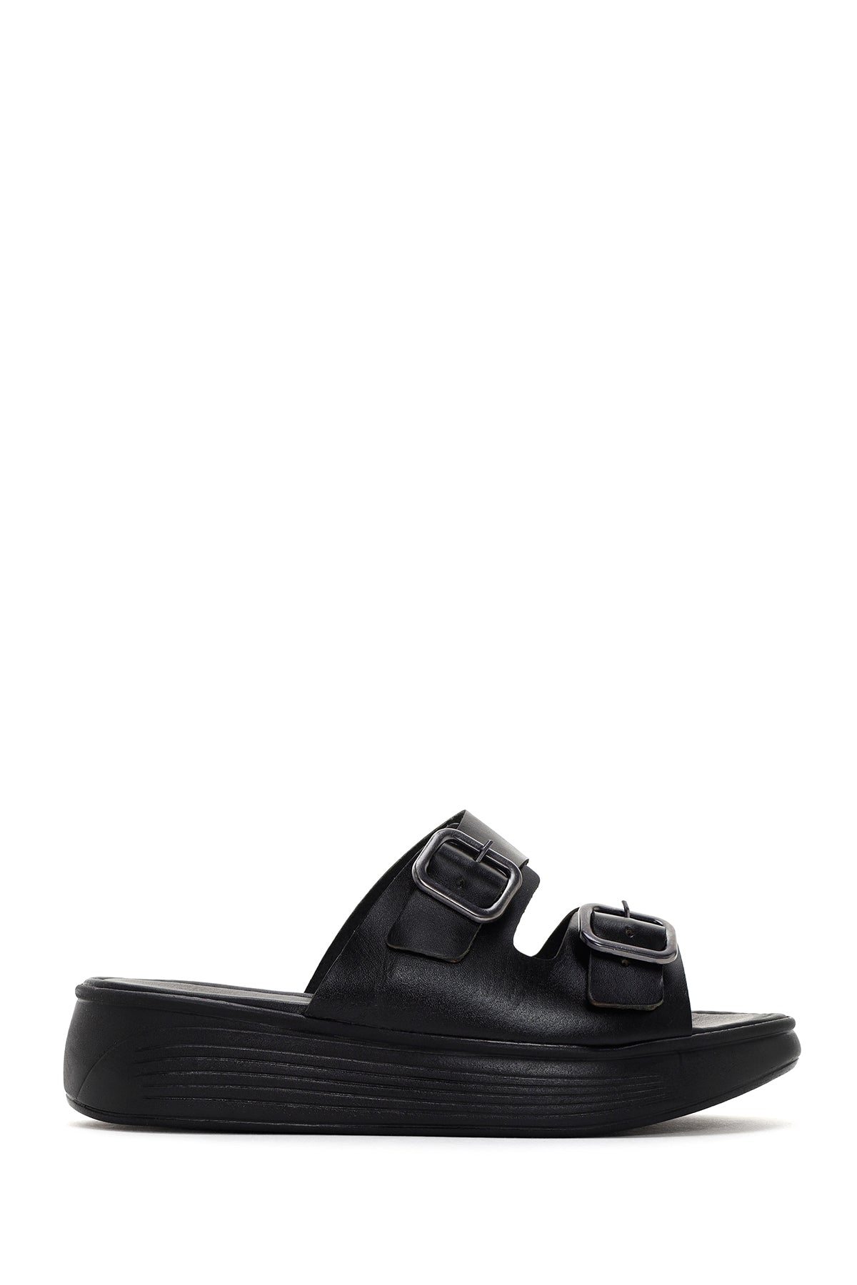 Women's Black Thick Sole Buckle Leather Slippers 24SFD332418 | Derimod