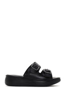 Women's Black Thick Sole Buckle Leather Slippers | Derimod