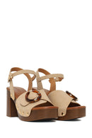 Woman Beige Buckled Ankle Platform Chunky High-Heel Suede Sandals | Derimod