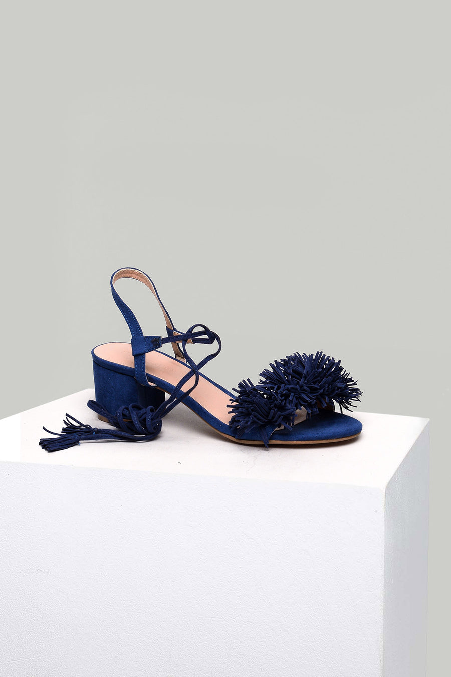 Blue Women's Heeled Sandals with Ankle Strap and Tassels