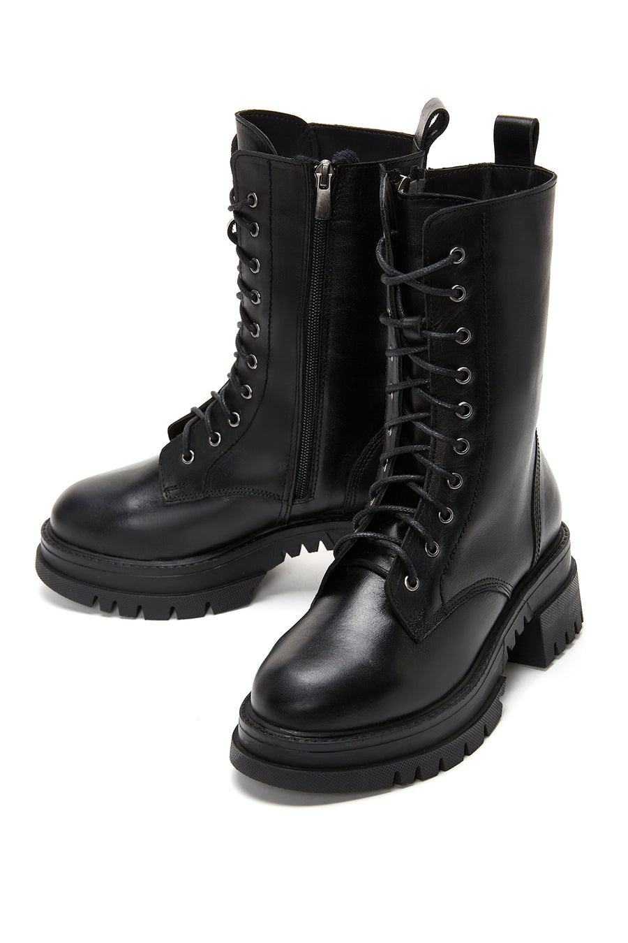 Women's Black Leather Thick Soled Boots Flat Boots