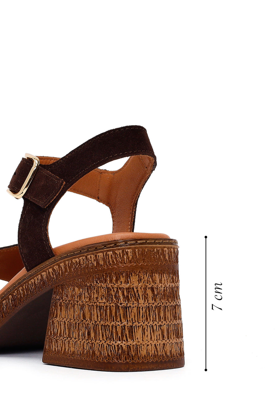 Woman Brown Ankle-Buckle Chunky-Heel Suede Leather Sandals