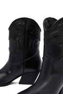 Woman Black Short Chunky Heel Leather Cowboy Boots | Derimod