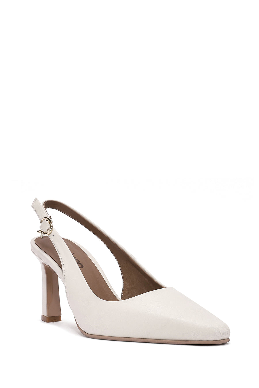 Women's Cream Buckled Ankle Slingback Heeled Leather Shoes