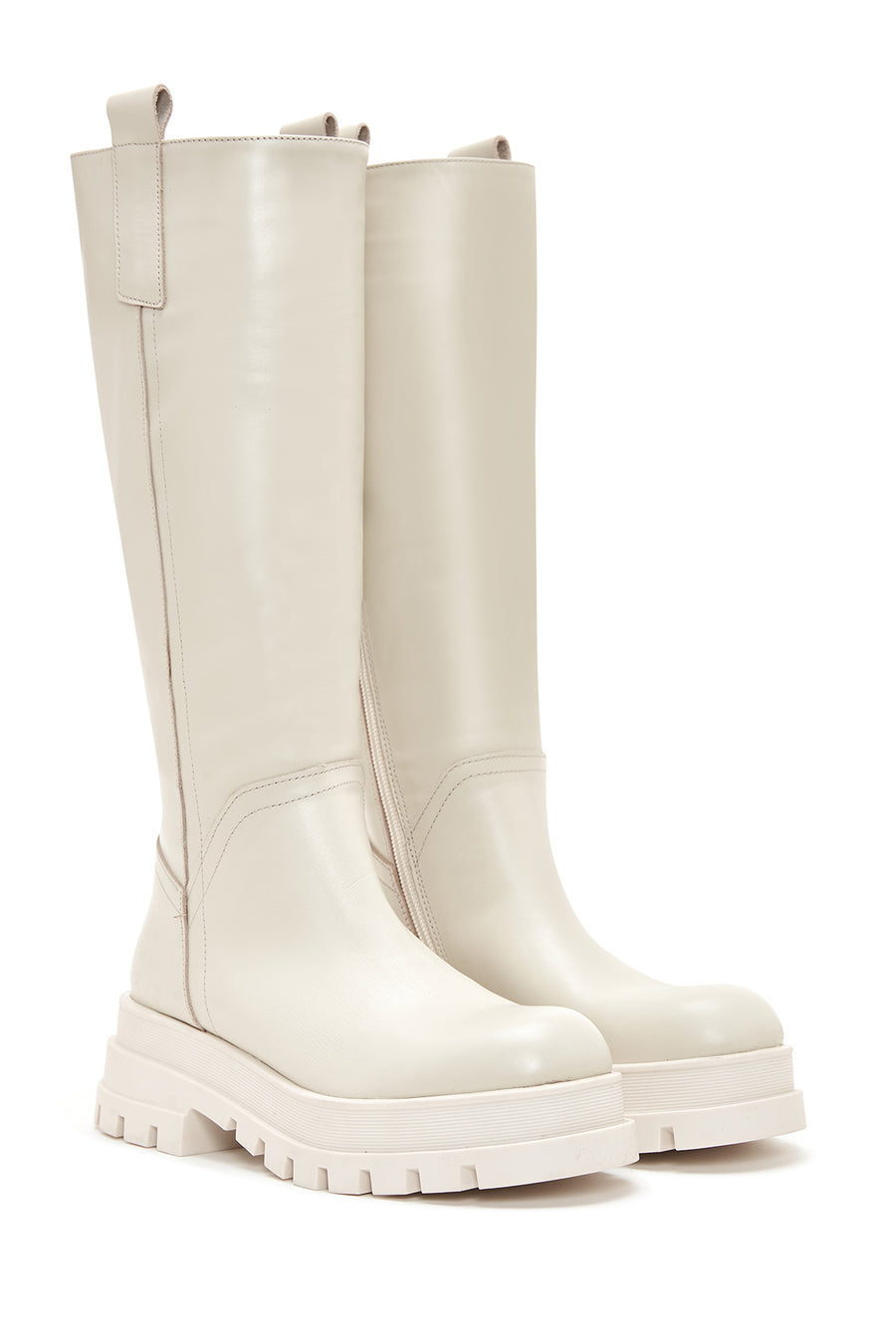 Women's Beige Leather Zippered Thick Soled Boots