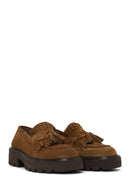 Woman Camel Thick-Soled Tasselled Suede Loafer | Derimod