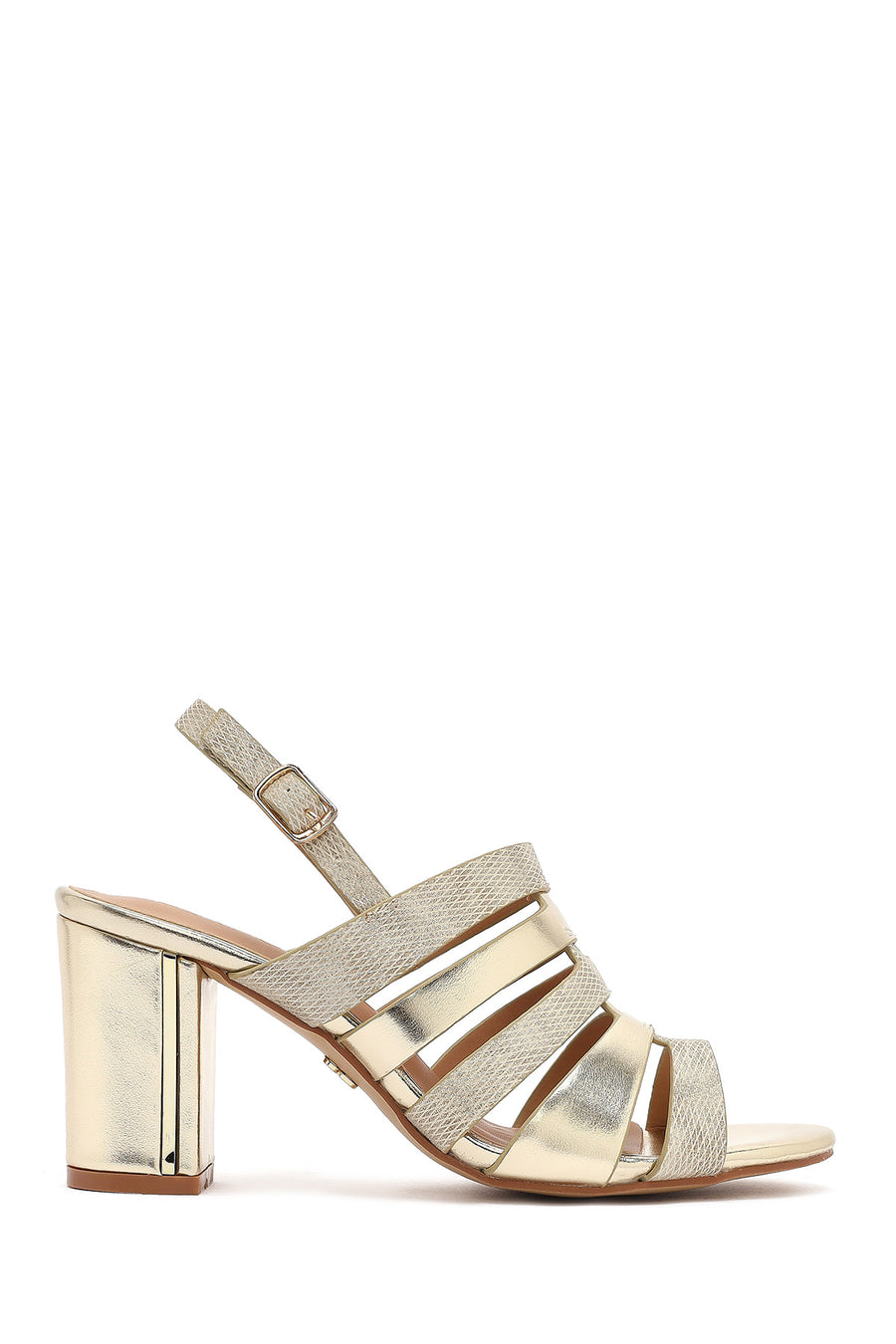 Women's Gold Ankle Buckle Chunky Heel Metallic Sandals 25SFE466632 | Derimod