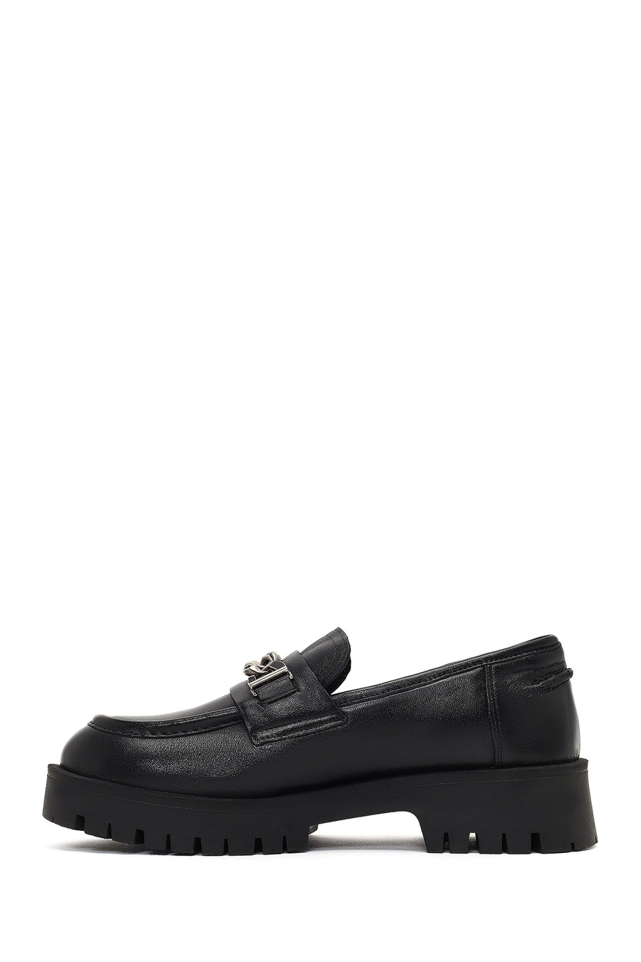 Women's Black Thick-Soled Buckled Leather Masculine Loafer