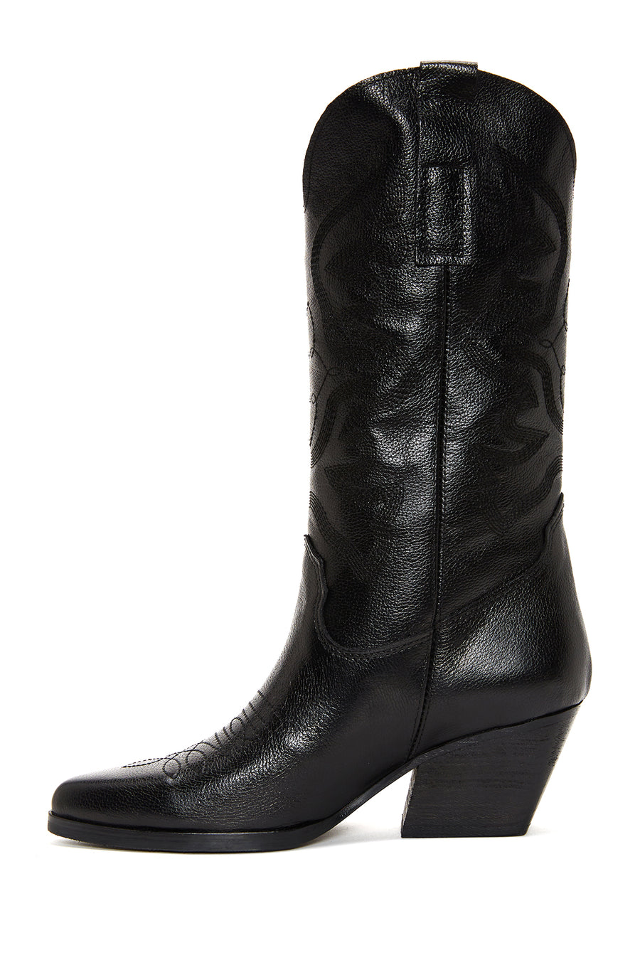 Women's Black Thick Heeled Leather Cowboy Boots