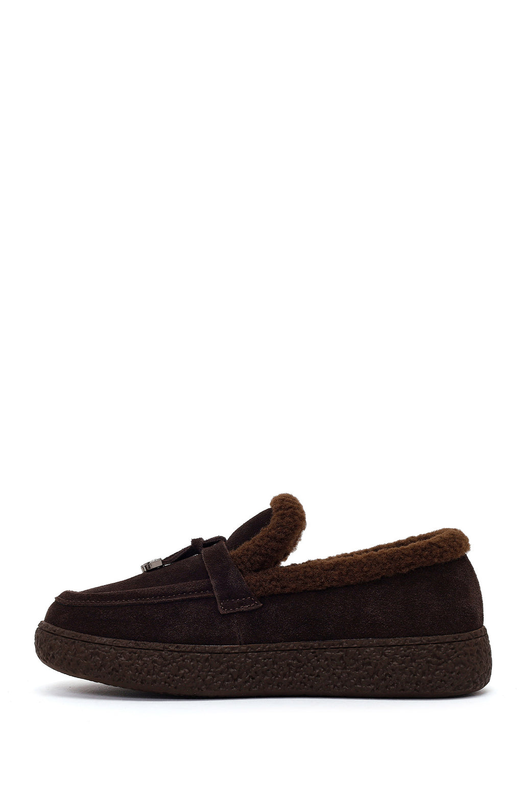 Kadın Kahverengi Tokalı Kalın Tabanlı Süet Deri Teddy Loafer