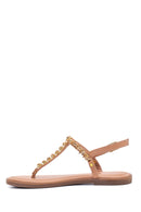 Women's Beige Leather Stone Flip Flops Sandals | Derimod
