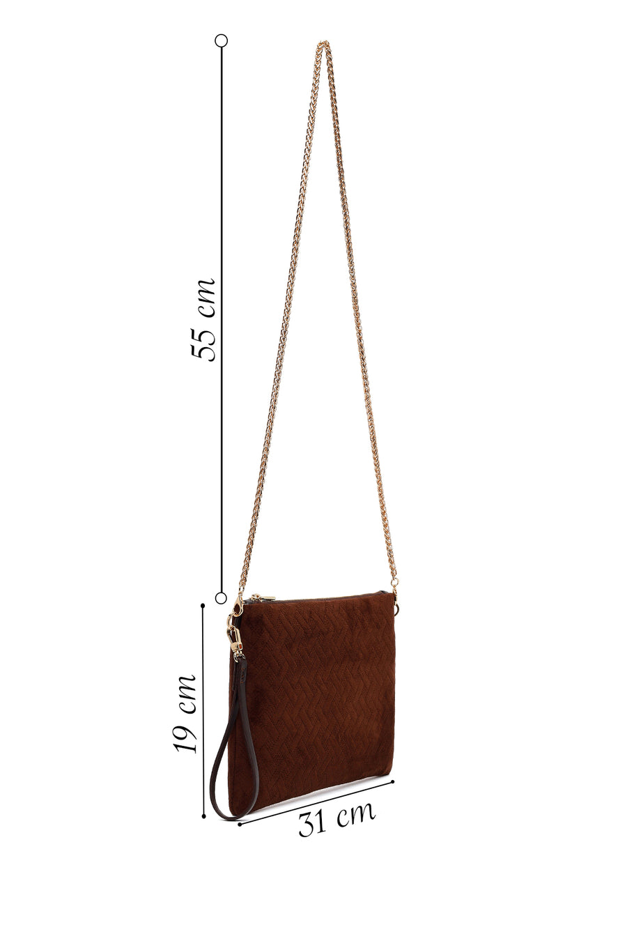 Woman Brown Suede Clutch Bag with Long Chain Strap