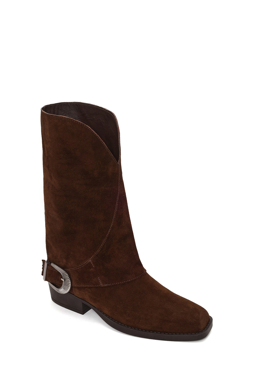 Woman Brown Buckled Short Thick-Heeled Suede Boots