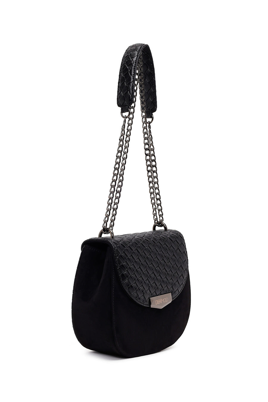 Woman Black Chain Long-Strap Braided Crossbody Bag