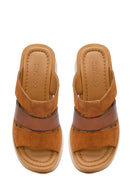 Woman Tan Wedge-Heel Suede Leather Comfort Slippers | Derimod