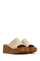 Women's Beige Thick Soled Leather Comfort Slippers | Derimod