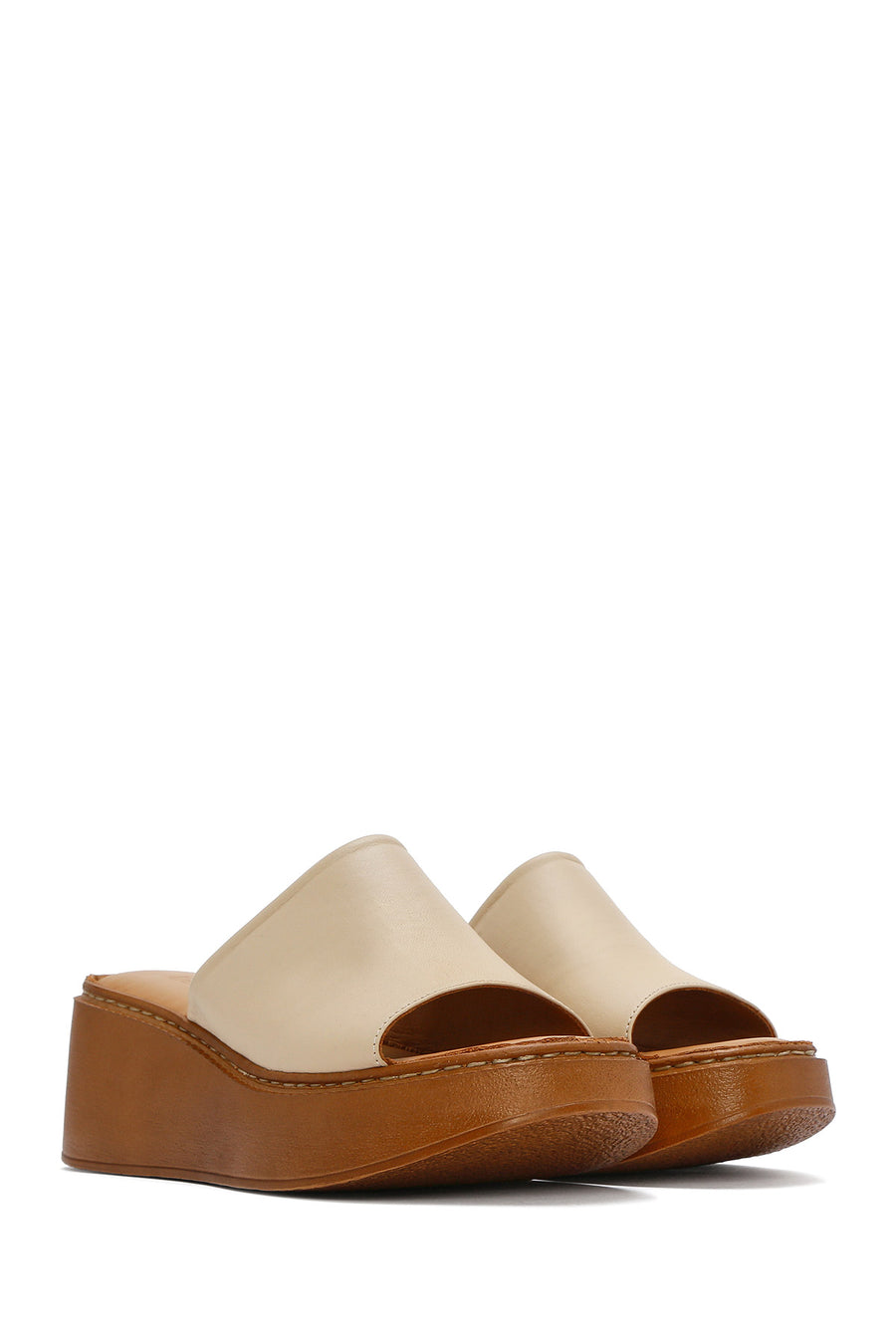 Women's Beige Thick Soled Leather Comfort Slippers