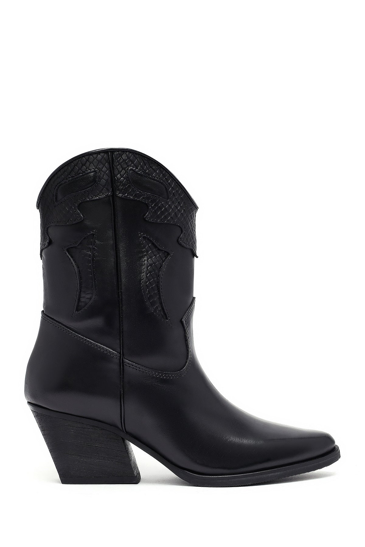 Woman Black Short Chunky Heel Leather Cowboy Boots WF190010DV | Derimod