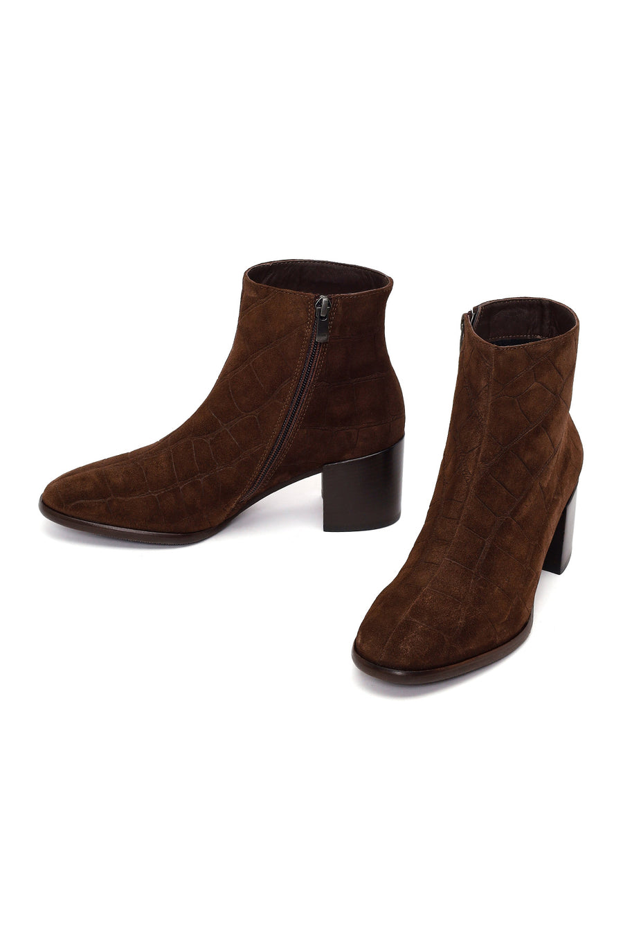 Woman Brown Zip Closure Printed Thick-Heeled Suede Boots