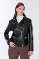 Stefania (Plus) Women's Black Biker Leather Coat | Derimod