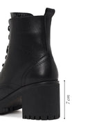 Woman Black Zip Closure Chunky Heeled Leather Combat Boots | Derimod