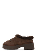 Woman Camel Thick-Soled Stone-Embellished Suede Teddy Slipper | Derimod