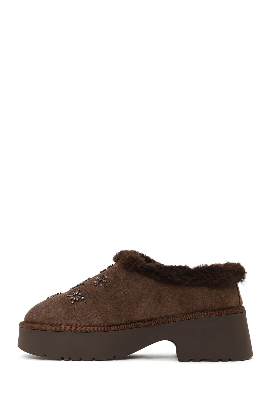 Woman Camel Thick-Soled Stone-Embellished Suede Teddy Slipper