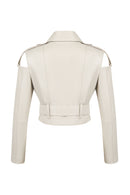 Avanti Woman Beige Off-Shoulder Short Biker Leather Jacket | Derimod