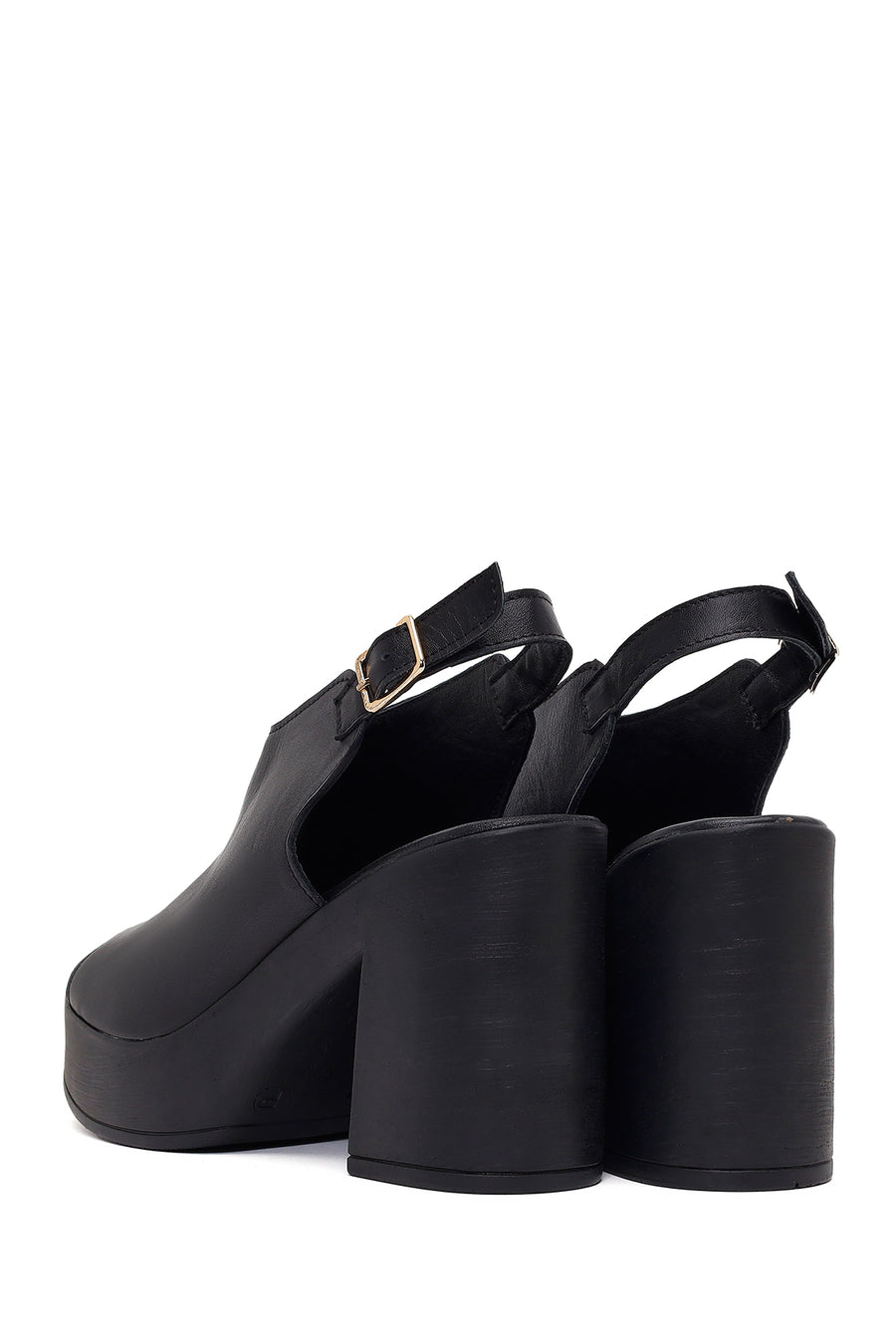 Women's Black Ankle Buckle Platform High Thick Heel Leather Sandals