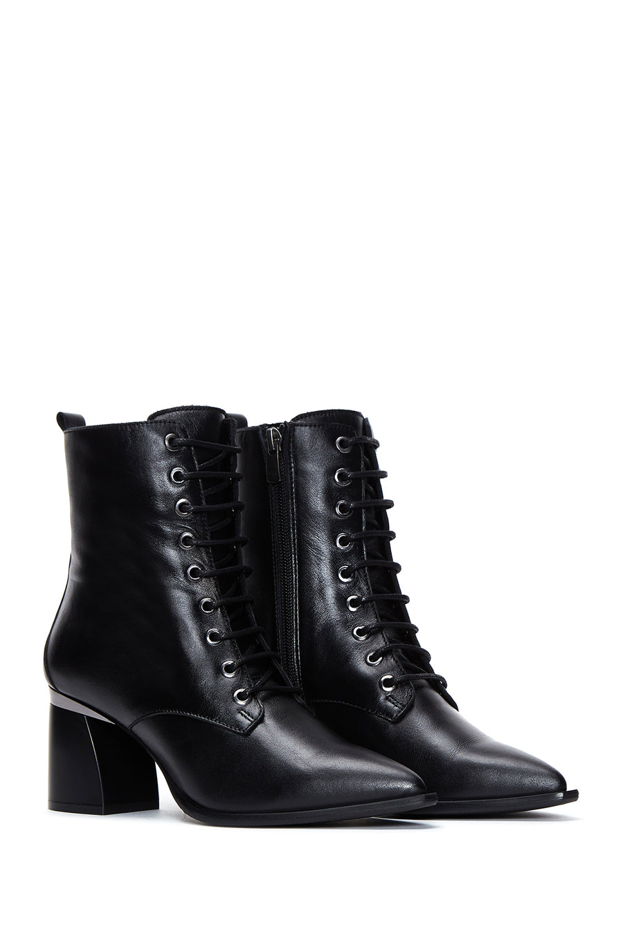 Women's Black Zippered Thick Heeled Leather Boots