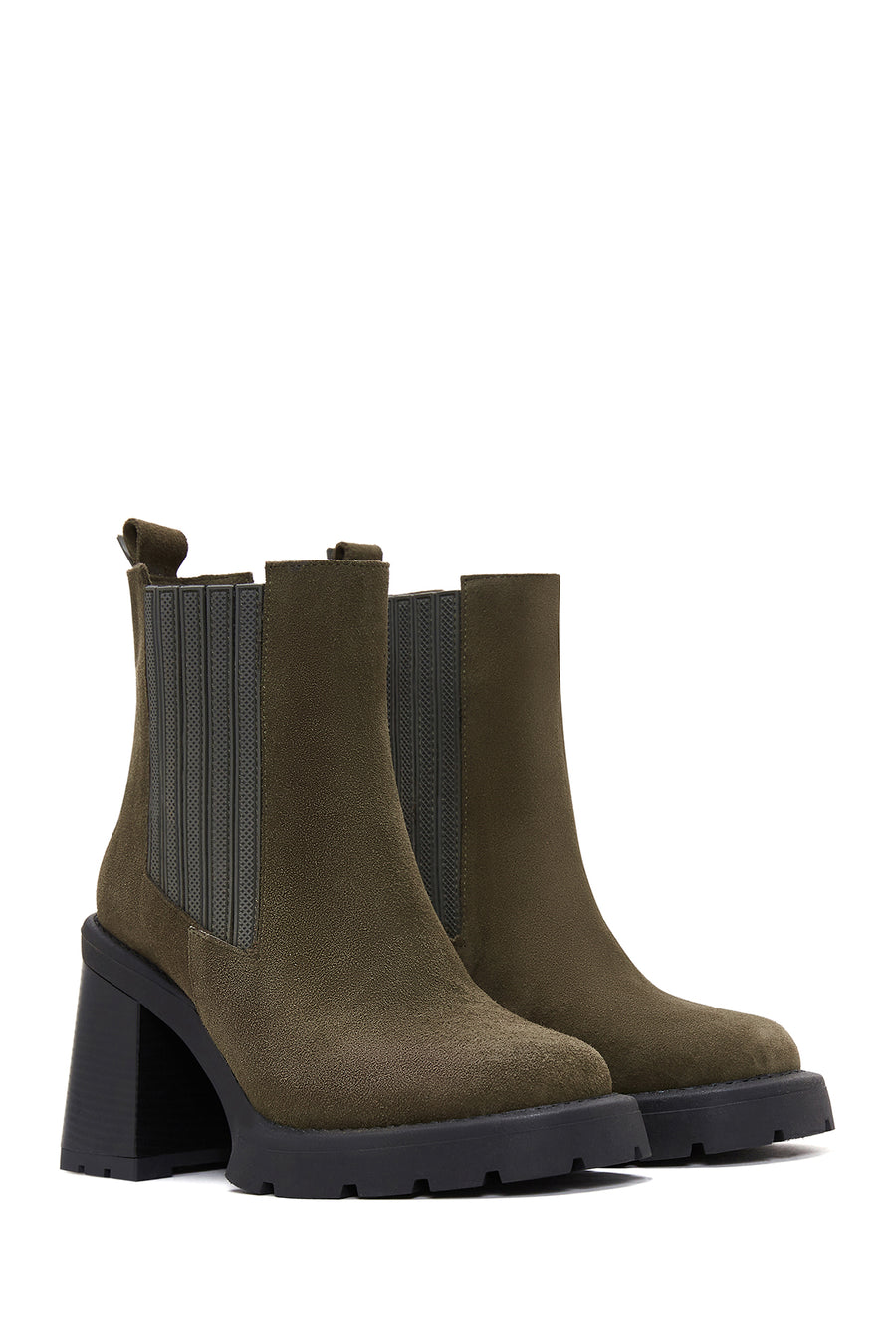 Women's Khaki Suede Leather Heeled Chelsea Boots
