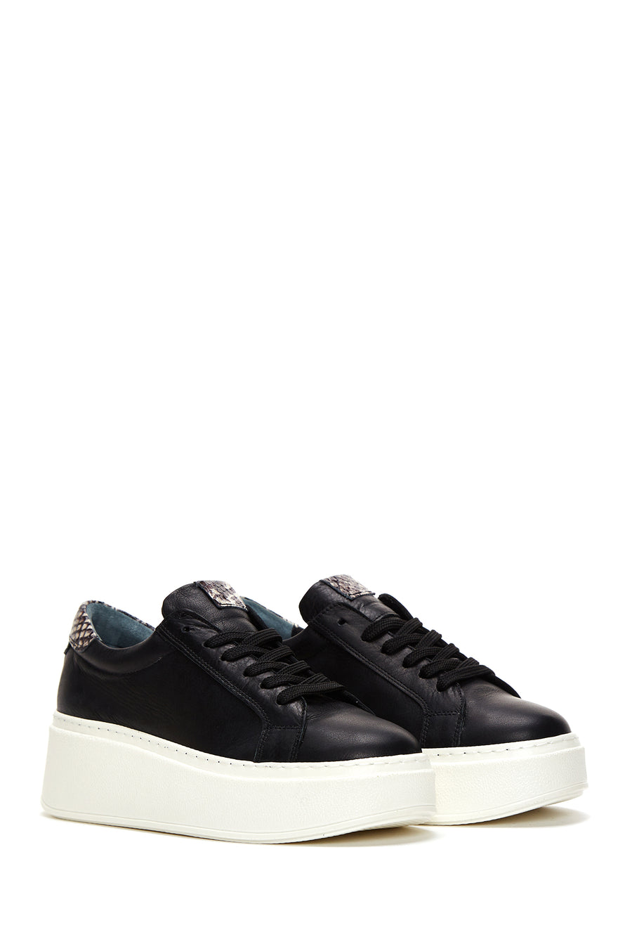 Women's Black Lace-Up Chunky Sole Leather Sneakers