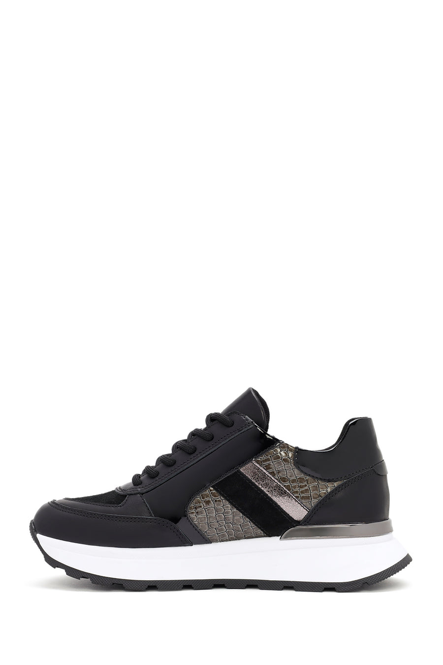 Women's Black Thick-Soled Zippered Leather Sneakers