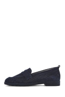 Women's Navy Blue Suede Leather Loafer | Derimod