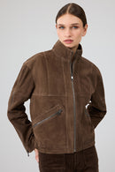 Gina Women's Brown Stand Collar Oversize Short Suede Leather Jacket | Derimod