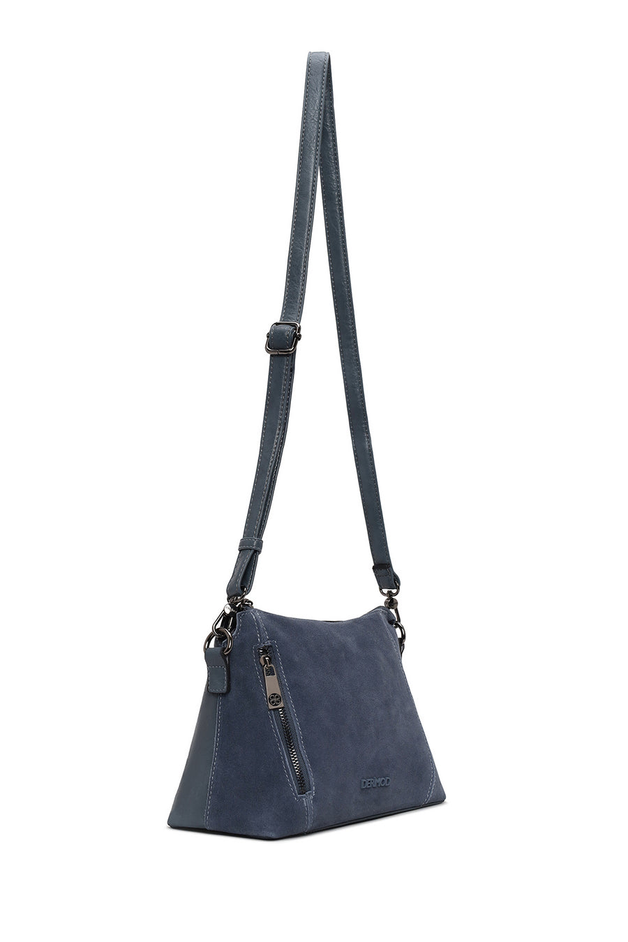 Woman Blue Long-Strap Suede Crossbody Bag