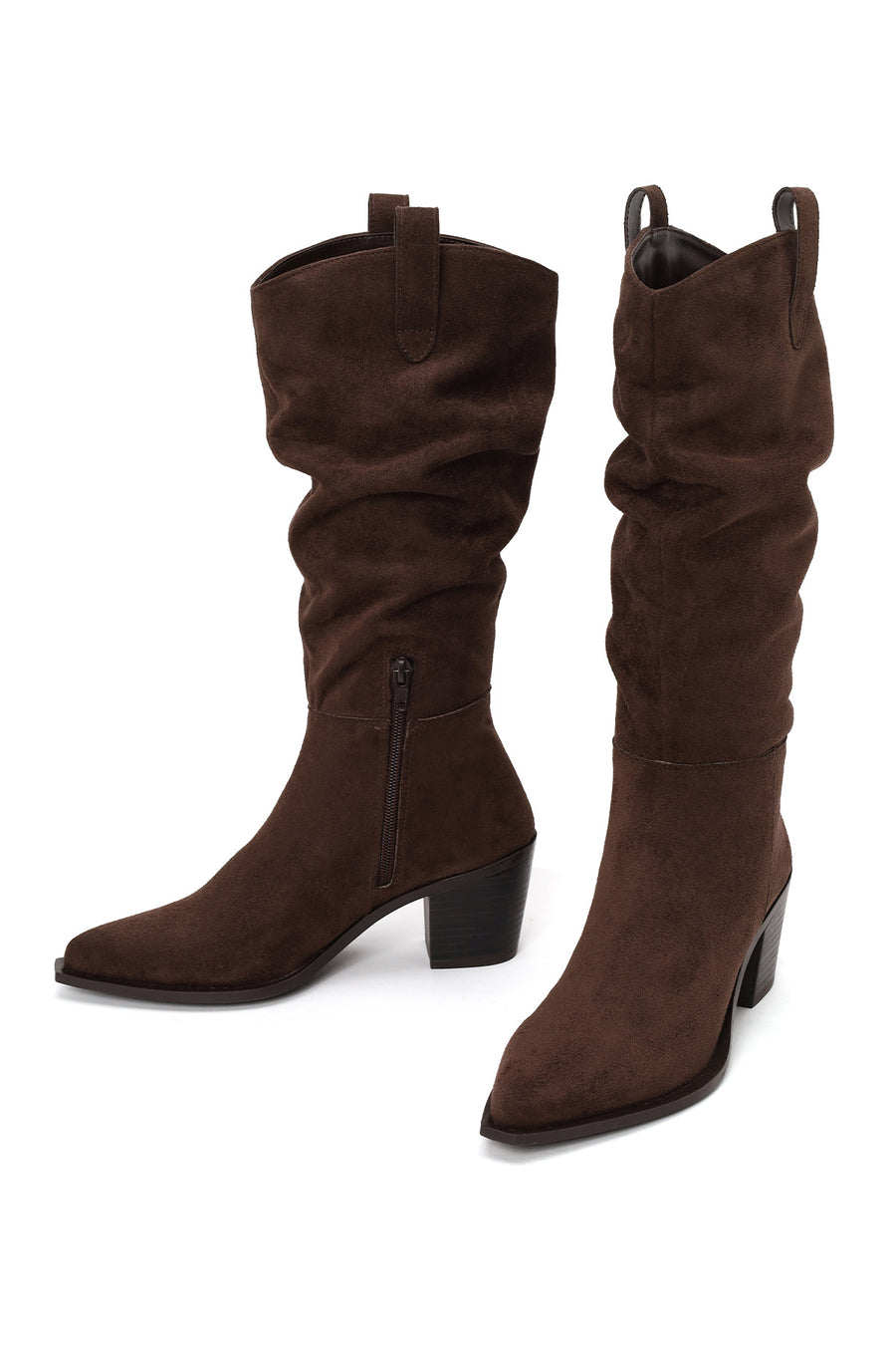 Woman Brown Zip Closure Chunky Heeled Suede Cowboy Boots