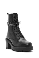 Women's Black Zippered Accessory Detailed Thick Heeled Leather Combat Boots | Derimod