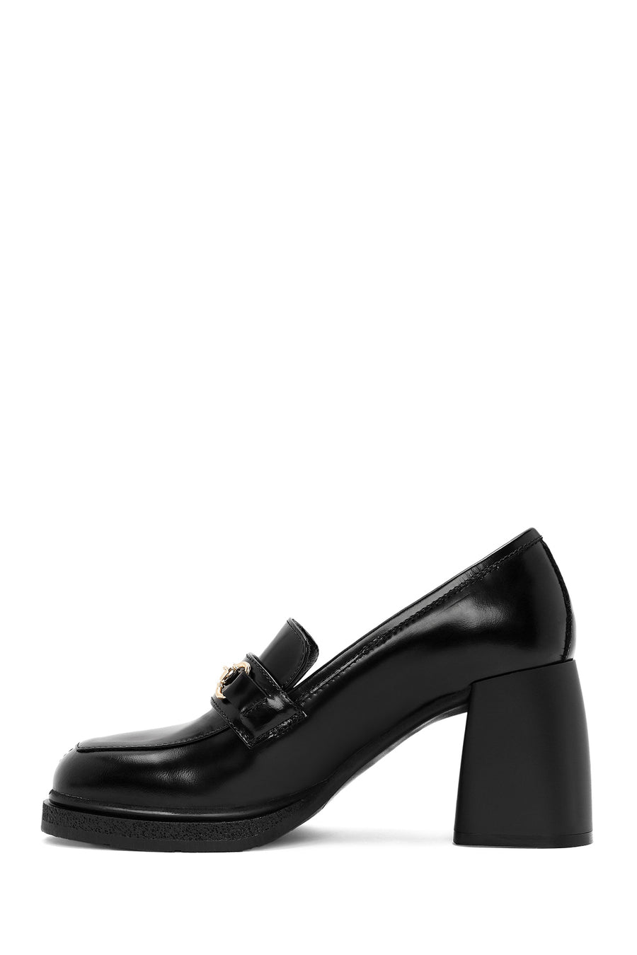 Women's Black Buckle Detailed Thick High Heel Leather Loafer