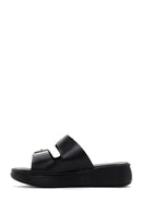 Women's Black Thick Sole Buckle Leather Slippers | Derimod