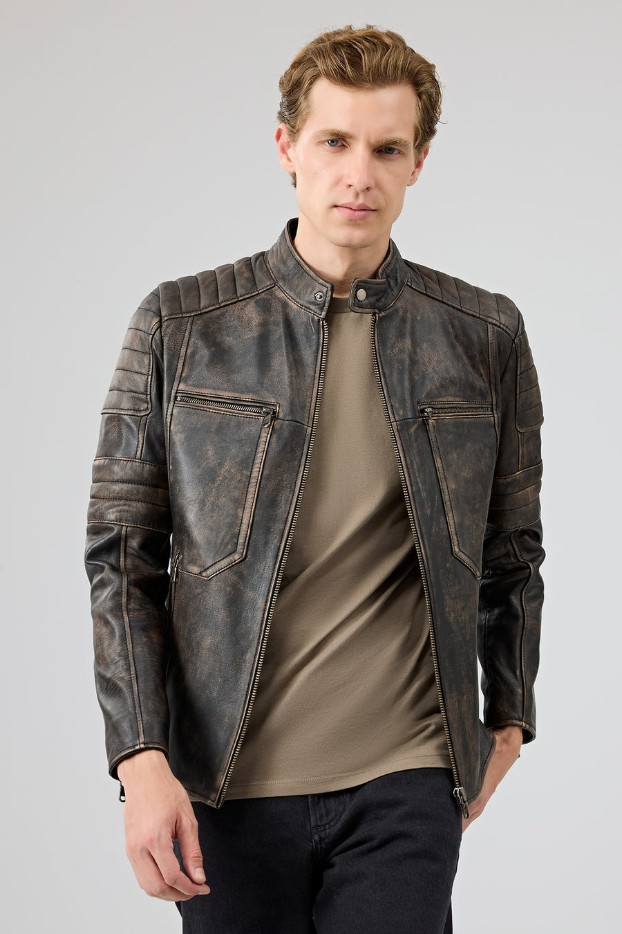 Morant Men's Brown Vintage Slim-Fit Leather Jacket