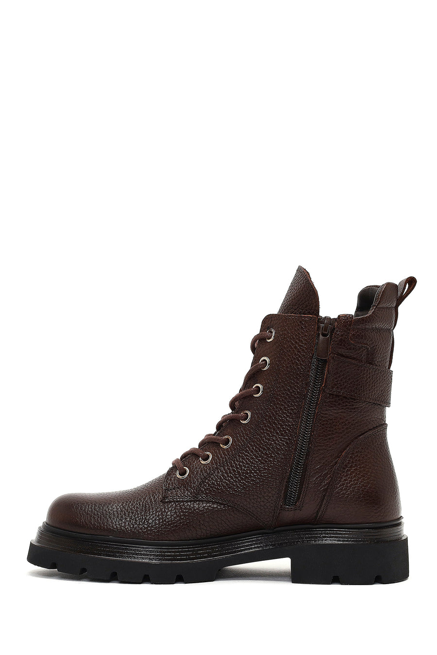 Women's Brown Lace-Up Zipper Leather Ankle Boots
