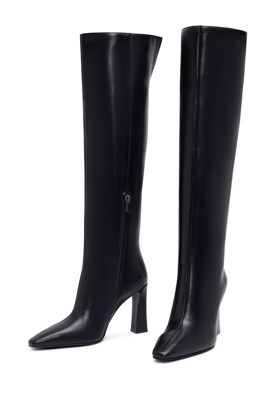 Women's Black Zippered High Thick Heel Leather Boot