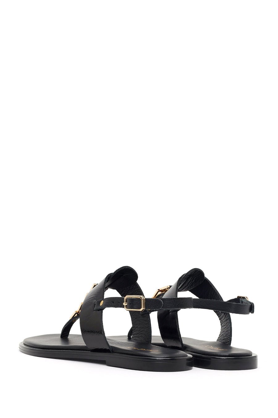 Women's Black Buckle Thong Leather Sandals