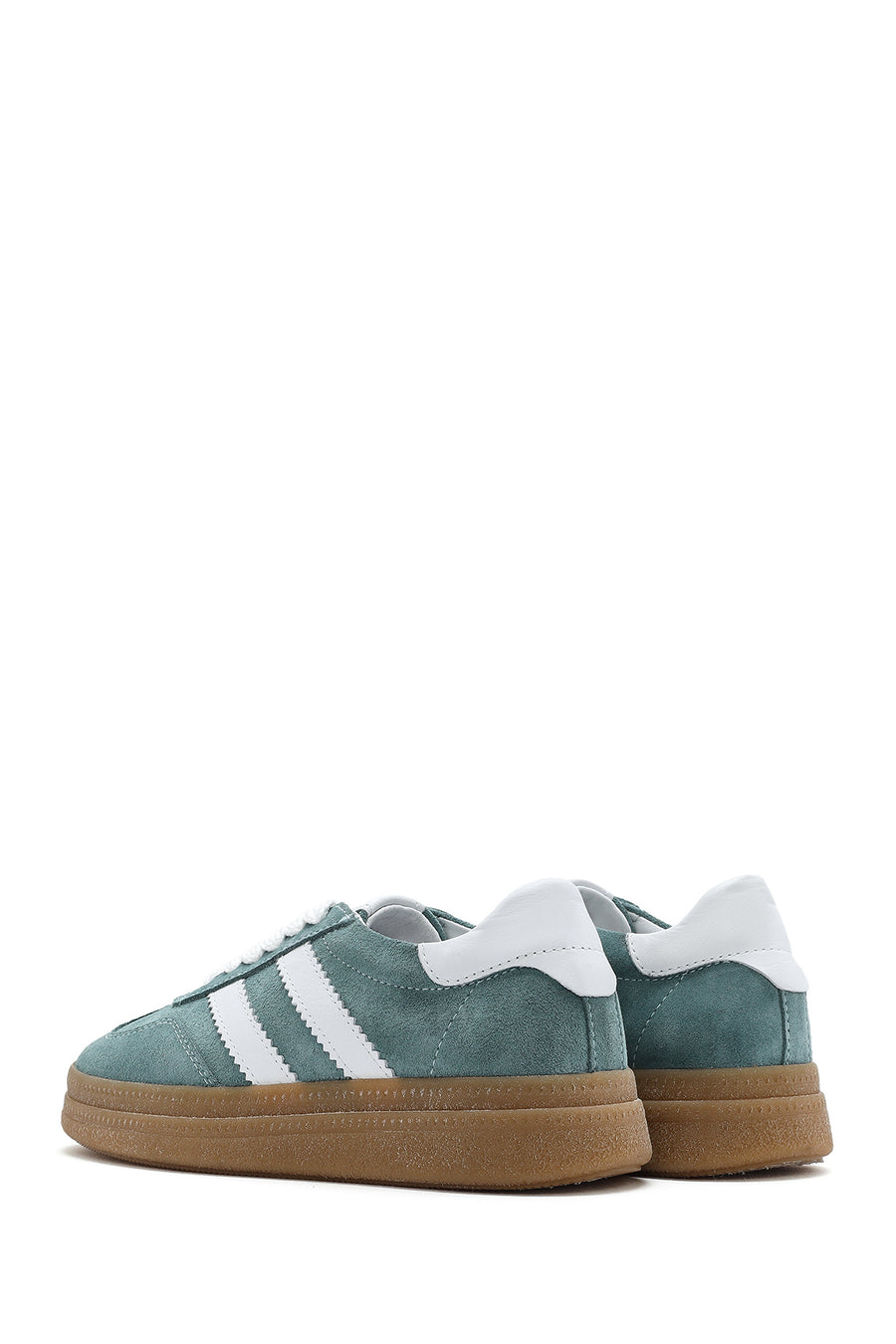 Women's Green Lace-Up Chunky Sole Suede Leather Sneakers