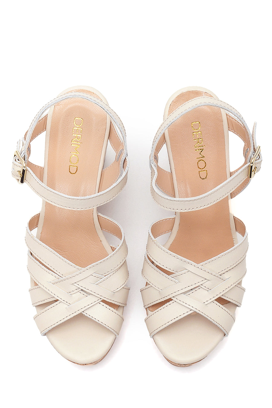 Women's Beige Leather Wedge Heel Sandals