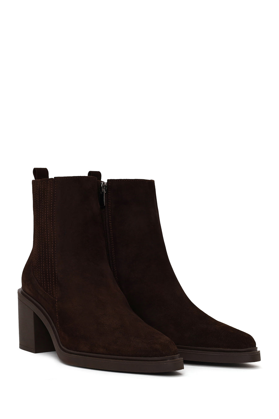 Woman Brown Zip Closure Chunky Heeled Suede Boots